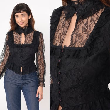 70s Victorian Blouse Black Lace Shirt 80s Sheer Floral Lace High Neck Boho Top Button Up Vintage 1970s Bohemian Hippie Puff Sleeve Small 