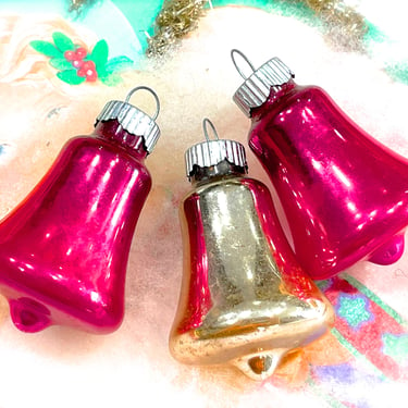 VINTAGE: 3pcs - Shiny Brite Glass Christmas Bell Ornament Holiday Ornaments - SKU 