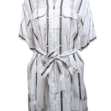 Equipment - White w/ Green Belt Print Silk Blend Zip Front Dress Sz S