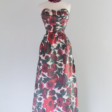 Rare 1950's Couture Poppy Garden Evening Gown By Fira Benenson / Small