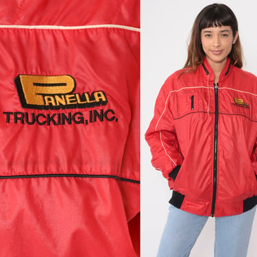 80s Panella Trucking Jacket Red Shiny Trucker Uniform Jacket Hidden Hood Zip Up Workwear Nylon Bomber Vintage Work Wear 1980s 2xl 