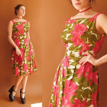 Vintage 50s Rose Print Cotton Dress/ 1950s Square Neck Garden Party/ Size Small 26 