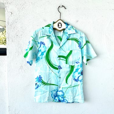 Vintage 70s Hawaiian Shirt Blue Hawaii Collared Top 