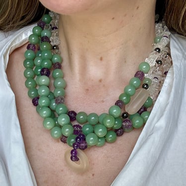 Carved Amethyst Rock Crystal Green Aventurine Statement Necklace