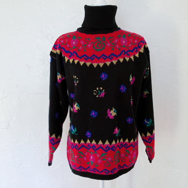 90s Black Colorful Bold Floral Turtleneck Sweater | Medium/Large 