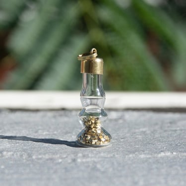 Italian 14K Glass Bottle Gold Flakes Charm Pendant, Yellow Gold Cap & Confetti Filling, Estate Jewelry, 38mm 