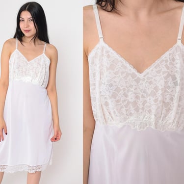 White Slip Dress 70s Sheer Lace Trim Lingerie Nightgown Midi Full Slip V Neck High Waist Spaghetti Strap Vintage 1970s Medium 38 