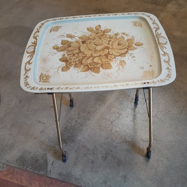 Vintage MCM Cal-Dak Gold Floral TV Tray and Stand