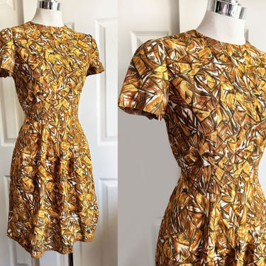 60's Abstract Atomic Print Dress, MEDIUM Vintage Summer Day Shift Dress, Gold Yellow Brown 1950's 