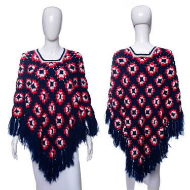 1960's Hand Crocheted Red, White, and Blue Fringe Detail Poncho Size OS