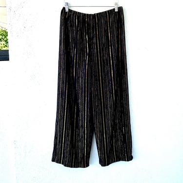 Vintage 90s Metallic Gauze Black Gold Pants 1990s High Waisted Wide Leg Bottoms 