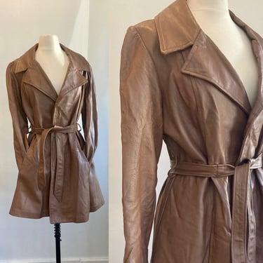 Vintage 70s Brown BOHO LEATHER TRENCH / Tie Closure 