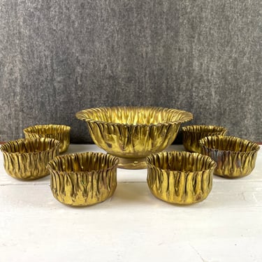 Metal florist centerpiece bowl with six individual place bowls - vintage floral design 
