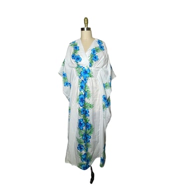 Vintage Royal Connection Hawaii Kimono Kaftan Dress White & Blue Hibiscus Muumuu 