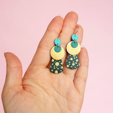 Layered Circles Spotted Emerald Green Leather Statement Earrings - Hand Painted on Reclaimed Leather 