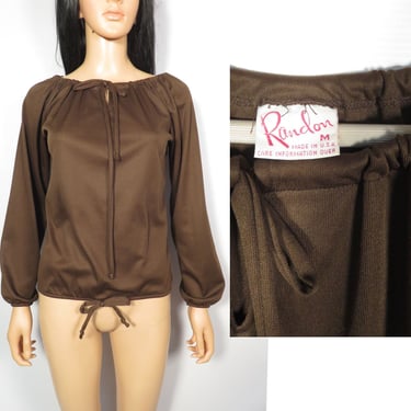 Vintage 70s Brown Polyester Boho Peasant Blouse Made In USA Size M 
