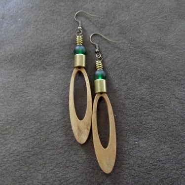 Long wood earrings, bold statement earrings, Afrocentric jewelry, African earrings, geometric earrings, rustic natural earrings, green 