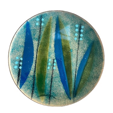Enameled Copper Small Round Plate / Catchall  - Mid-Century Modern Botanical Design 