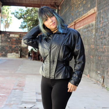 Women Leather Jacket, Vintage 1980s, Tannery West, Black Leather, Peplum Jacket, Small Women 