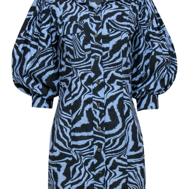 Ganni - Blue &amp; Grey Zebra Print Puff Sleeve Mini Dress Sz M