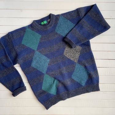 blue wool sweater | 80s 90s vintage Byford gray turquoise argyle striped unisex dark academia grandpa sweater 