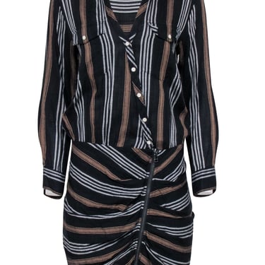 Veronica Beard - Black & Brown Striped Mini Asymmetrical Shirt Dress Sz 8