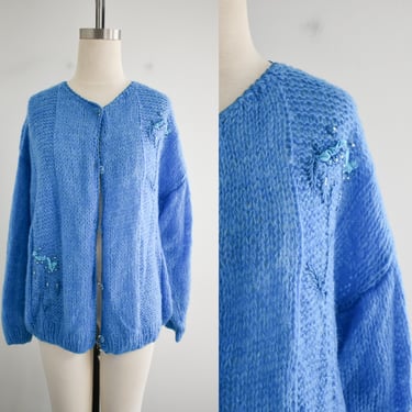 Vintage Italian Blue Mohair Blend Cardigan Sweater 