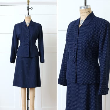 women's vintage early 1950s dress suit • navy blue & white flecked wool gabardine blazer and skirt set 