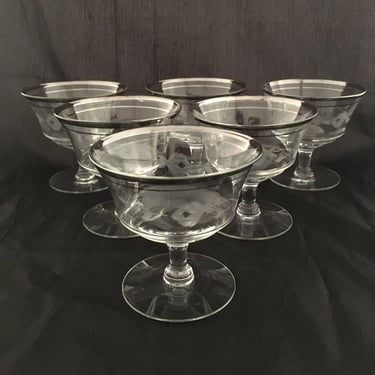 Set of 2 Mid Century Modern Silver Rim Floral Etched 5 OZ Crystal Coupe Cocktail Glasses, Antique Low Champagne Saucers Dessert Sherbet Cups 