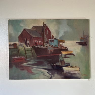 1970s Mayes Boats Harbor Landscape Oil on Canvas Painting 