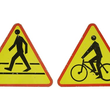 Pair of European Cardboard Pedestrian & Biking Street Wall Signs