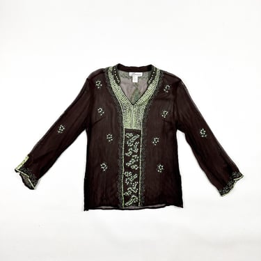 y2k Sheer Brown Silk Tunic / Sage Green Embroidery and Sequins / Crinkle / Textured / Sheer / See Through / Medium / Boho / Floral / Blouse 