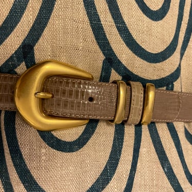 90s leather belt / vintage snakeskin embossed taupe leather belt brass buckle belt | XS S 