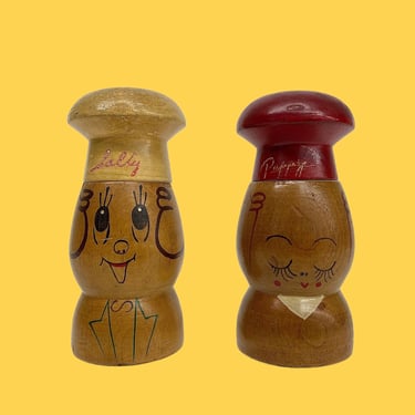 Vintage Salt and Pepper Shakers Retro 1960s Mid Century Modern + Wood + Set of 2 + Salty and Peppy + Painted Faces + Spice Storage + Japan 