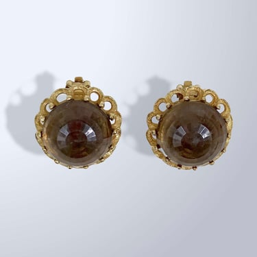 VINTAGE 50s Faux Smokey Large Quartz Dome Cut Clip on Earrings | 1950s Retro MCM Jewelry | VFG 