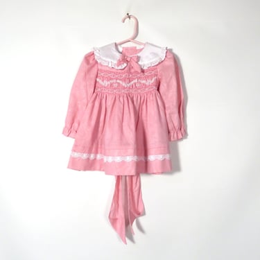 Vintage 80s Kids Polly Flinders Pink Smocked Bib Collar Dress Size 2T 