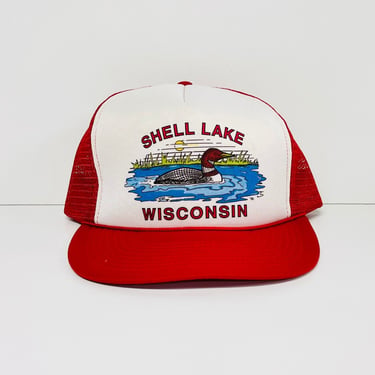 Vintage Trucker Hat / Shell Lake Wisconsin / Souvenir / Red / White / FREE SHIPPING 