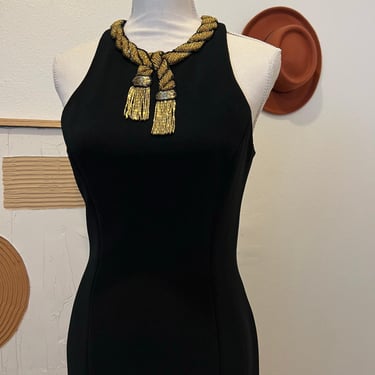 Vintage 90s Black Gold Beaded Collar USA Made Sleeveless Cocktail Dress - 10 