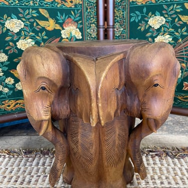 Vintage Indonesian Teak Three-Sided Elephant Head Plant Stand/End Table