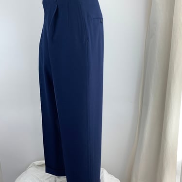 1950's Pleated Trousers - Navy Blue Wool Gabardine - Wide Baggy Leg - 37 Inch Waist 
