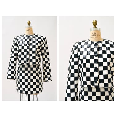 80s 90s Vintage Leather Jacket and Skirt Suit Black White Checker Check Size Medium// 90s Black White Punk Leather Jacket Leather Skirt 