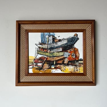 Vintage Boat in Harbor Oil Painting, Signed 