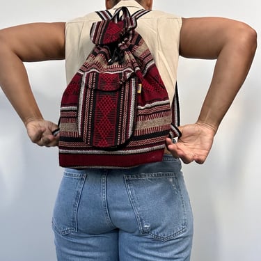 90s Tribal Aztec Print Cloth Backpack in Red Black and White 