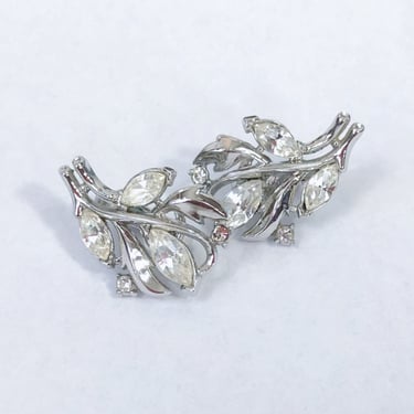 VINTAGE 50s Crown Trifari Marquise Rhinestone and Silver Rhodium Plated Clip on Earrings| 1950s Designer Retro MCM Wedding Jewelry | VFG 