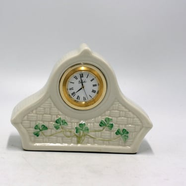 vintage Beleek Basketweave Shamrock Clock 