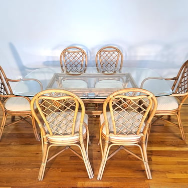 Mid Century Rattan Dining Set with Six Chairs and Table 