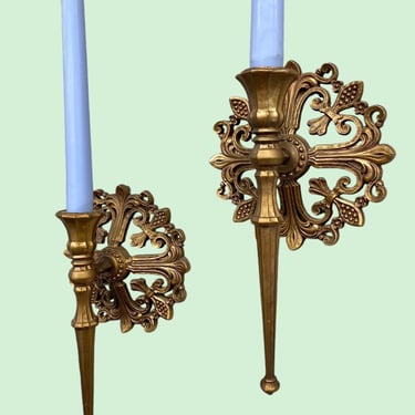 Vintage Syroco Candlestick Wall Sconces Retro 1960s Mid Century Modern + 4831 + Gold Plastic + Set of 2 + Candle Display + MCM Home Decor 