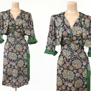 VINTAGE 30s 40s Amazing Green Paisley Fringed Dress and Bolero Jacket Set | 1930s 1940s Art Deco Rayon Bombshell Dress Set Outfit | VFG 