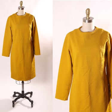 1960s Golden Yellow 3/4 Length Sleeve Polyester Shift Dress -L 