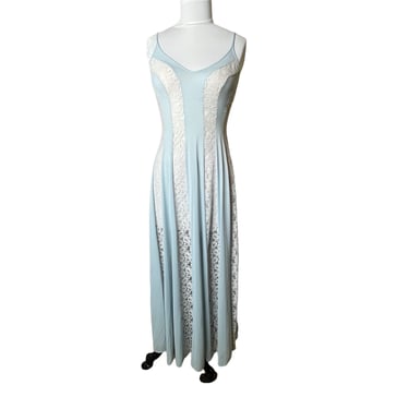 Vintage 60's Warnaco Powder Blue White Lace Long Peignoir Nightgown Panel Slip Dress, Small 